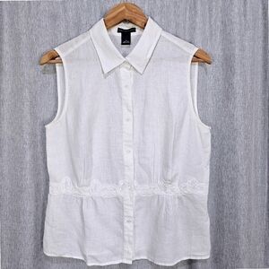 Madison Studio Linen Embroidered Lace Button Up Sleeveless Tank Top White 12